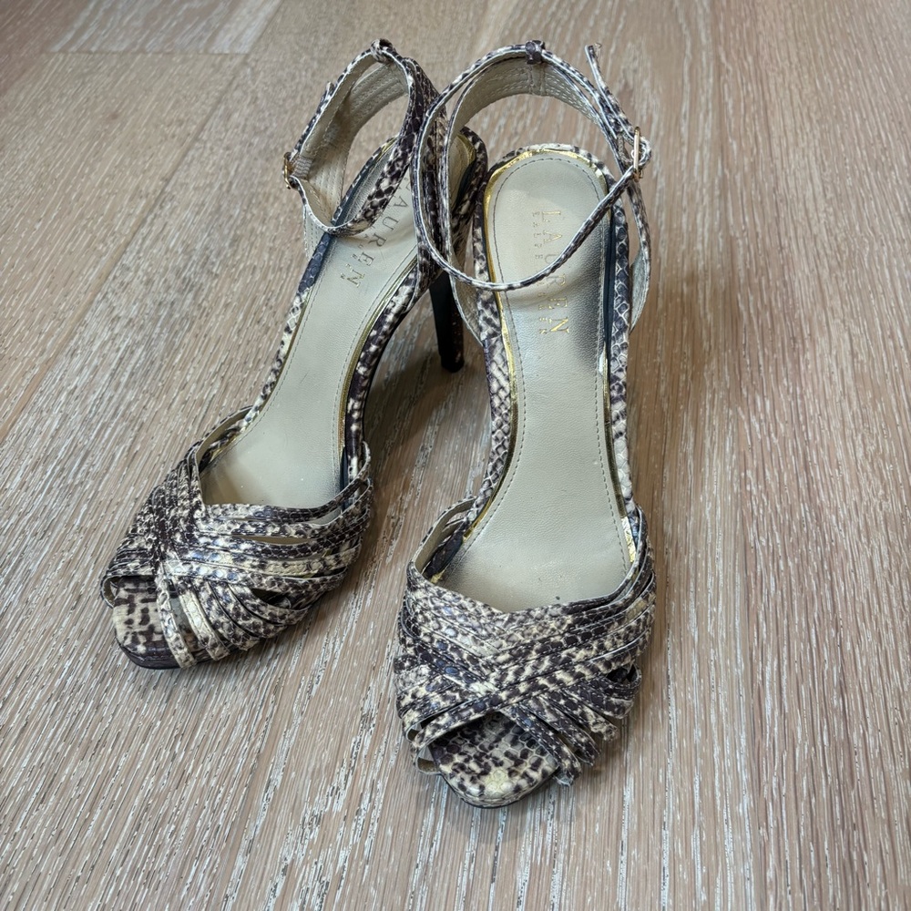 LAUREN RALPH LAUREN KADIE SANDAL Snakeskin Ankle Strap Heel Size 8 - Picture 2 of 8